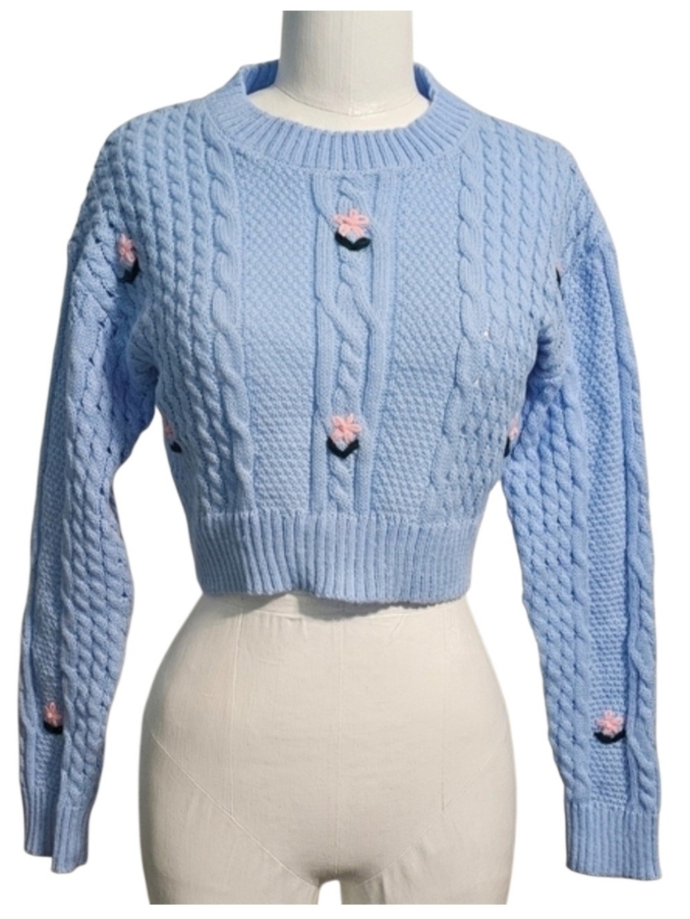 New Cropped Cable Knit Women's Blue Long Sleeve Coquette Dollette Sweater Medium